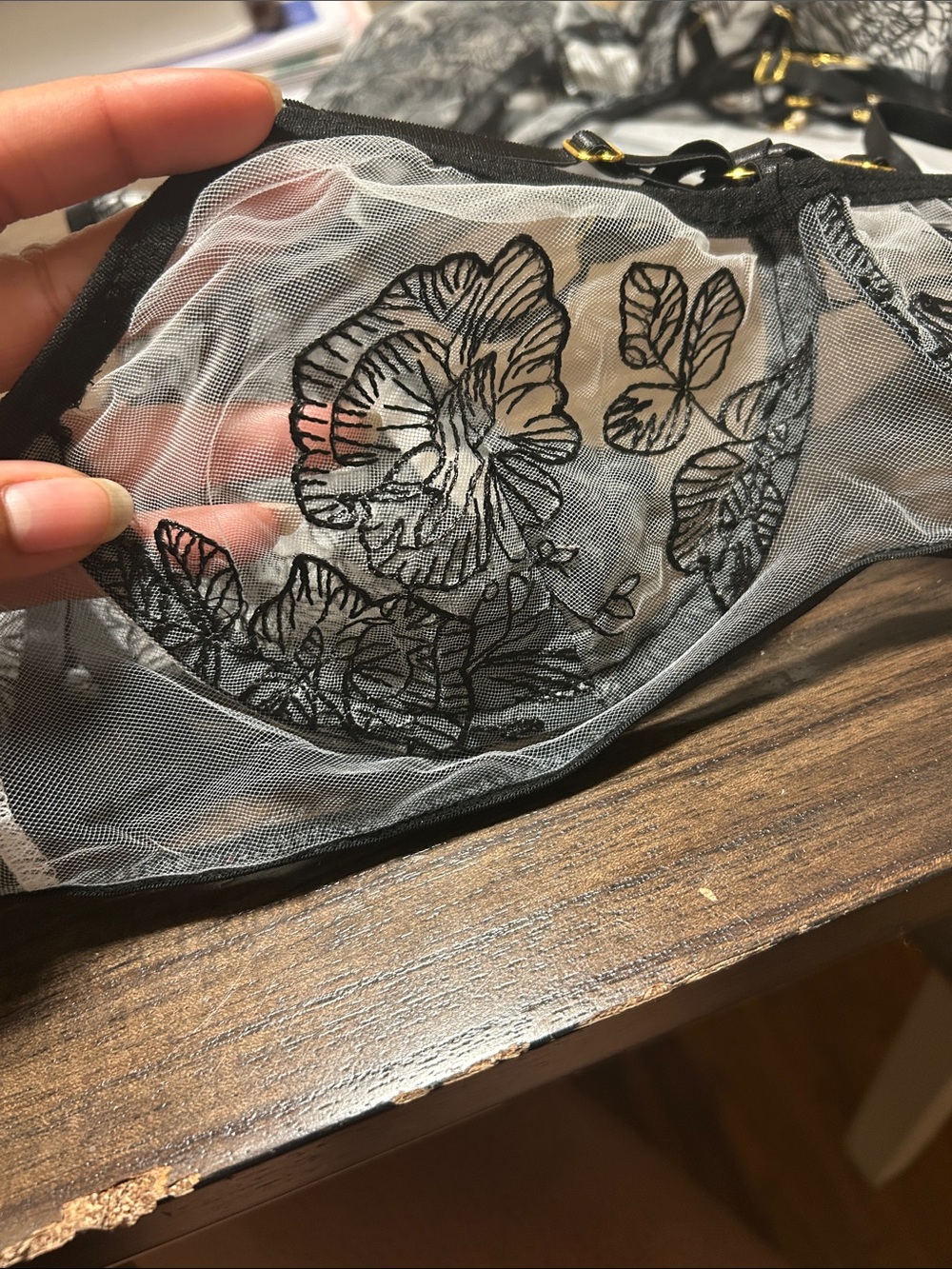SALE Black Lace Floral Lingerie Set Bra Panty w/ Garter Embroidered - Picture 4 of 10